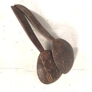 Pair of Antique Vintage Coconut Shell Serving Spoons 8” Long